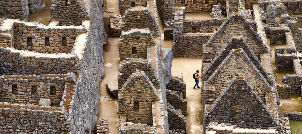 An aerial photo of ruins at Machu Picchu in Peru.