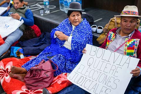A sign says "Bolivia wants judicial elections" during a protest in La Paz, Bolivia, in January. Photo: The Associated Press