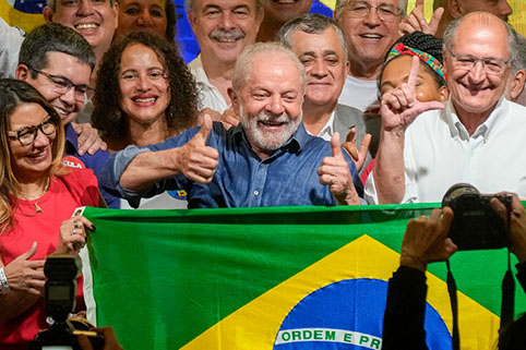 Luiz Inacio Lula da Silva celebrates with his wife Rosangela Silva, left, and running mate Geraldo Alckmin, right, after defeating incumbent president of Brazil, Jair Bolsonaro, in the Oct. 30 presidential run-off election. 